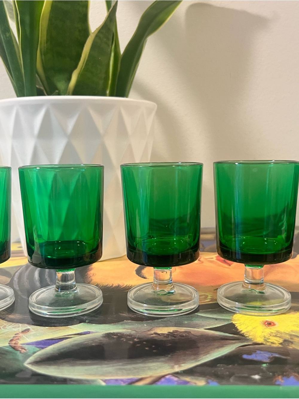 Vintage Luminarc Aroroc Cristal D'arques Cavalier Green Sherry Pedestal Glasses